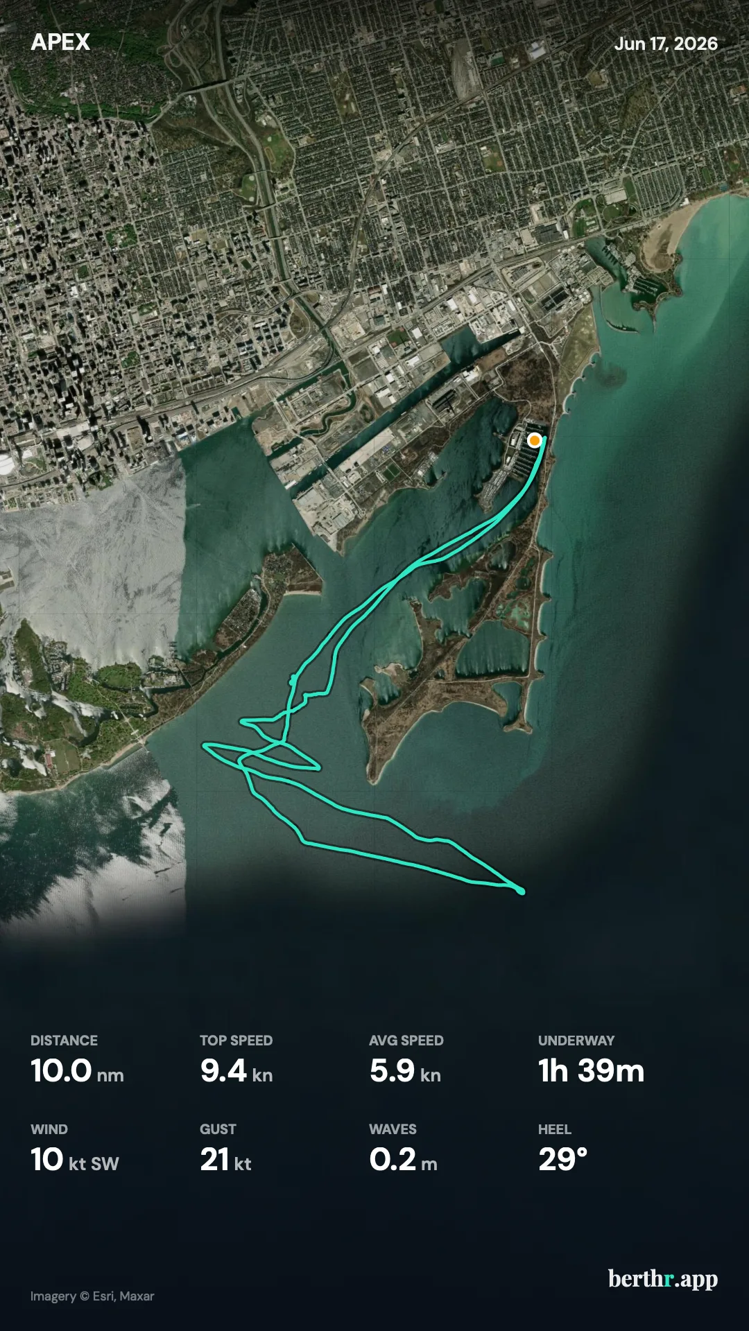 A berthr sail track card: a satellite map of the route with distance, speed, wind and heel stats